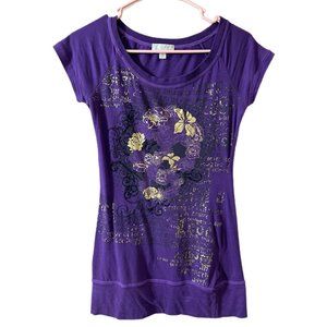 Wckd Women’s Size Small Skull Purple Gold Black Floral Print Tee
